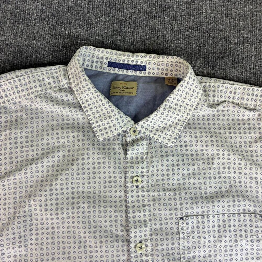 Tommy Bahama Jeans Men’s XXL White Blue Geometric Print Short Sleeve Shirt
